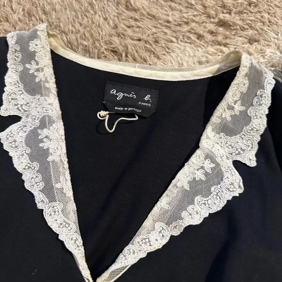 AGNES B PARIS medium Black Dress with White Lace Trim timeless Classy - Picture 2 of 5